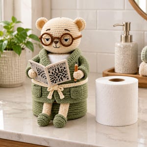 Virkad toalettpappershållare mönster PDF, korsord badrumskompis, rolig amigurumi dekoration