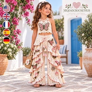 Girls Crochet Set Pattern PDF, Butterfly Halter Top and Ruffle Wide Leg Pants, Boho Kids Summer Outfit, Intermediate, Size 6-8