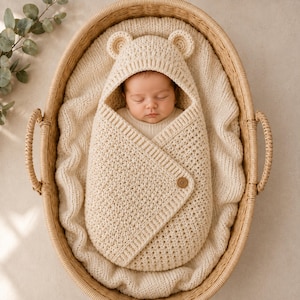 May include: A cream-colored knitted baby swaddle blanket with a hood featuring two small bear ears. The swaddle has a textured, waffle-like stitch pattern, a ribbed border, and a single brown wooden button closure, resting inside a woven wicker basket.