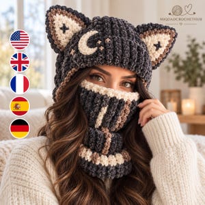 Crochet Cat Ear Balaclava Pattern PDF, Chunky Chenille Moon and Stars Hood with Layered Ears, Eye Opening and Winter Neck Cowl