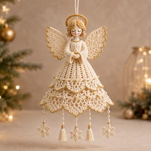 May include: A cream-coloured crocheted angel ornament featuring a halo, intricate lace wings, and a tiered dress adorned with small gold beads. The base of the dress is decorated with hanging pearl-like beads, small crocheted snowflakes, and tassels.
