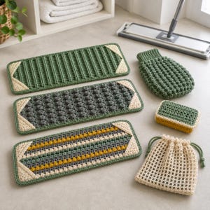 May include: A collection of three rectangular crochet mats with cream-colored corner accents, one green ribbed mat, one dark gray textured mat, one striped mat, a green textured mitt, a small rectangular green sponge, and a cream drawstring bag.