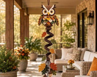 May include: A crocheted owl hanging decoration featuring a brown owl with large yellow eyes, attached to a long, spiraling brown cord adorned with multiple crocheted autumn-colored leaves in shades of orange, yellow, and green, plus small acorns.