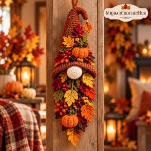 Op de afbeelding: Een gehaakte kabouter wandhanger met een hoge bruine muts versierd met oranje pompoenen, rode bessen en herfstkleurige bladeren in geel, oranje en rood. De kabouter heeft een ronde witte neus en een lange, getextureerde baard van gehaakt loof.