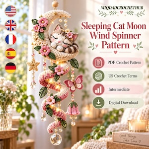 May include: A crochet wind spinner featuring a sleeping cat on a crescent moon, decorated with pink flowers, green leaves, a butterfly, and hanging crystals. Text reads: MIQDADCROCHETHUB, Sleeping Cat Moon Wind Spinner Pattern, PDF Crochet Pattern, US Crochet Terms, Intermediate, Digital Download.