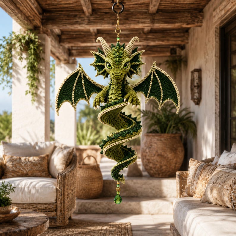May include: A hanging crochet dragon ornament featuring a textured green body with cream-colored horns and wing edges. The dragon has a coiled tail, detailed wings, and is suspended from a gold ring with a green teardrop crystal at the bottom.