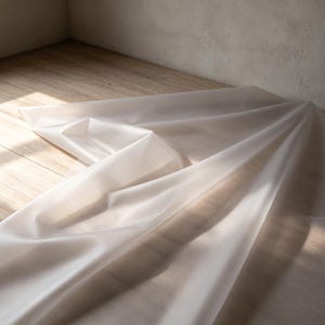 May include: A sheer, off-white fabric draped in soft, flowing folds. The material has a semi-transparent quality with a smooth, slightly reflective surface texture, creating gentle shadows and highlights across its layered, undulating form.