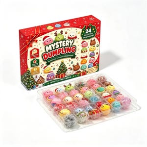 May include: A red rectangular advent calendar box titled Mystery Dumpling with festive holiday graphics, including a Christmas tree and various dumpling illustrations. Next to it is a clear plastic tray containing 24 small, colorful, individually wrapped dumpling-shaped figurines in various pastel colors and designs.