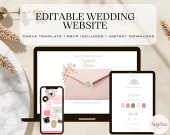 May include: An editable wedding website Canva template displayed on a laptop, tablet, and smartphone. The screen shows a pink envelope with a wax seal, floral accents, and the text Sophia & Matteo, Sealed With Love From, and Click Envelope To Open.
