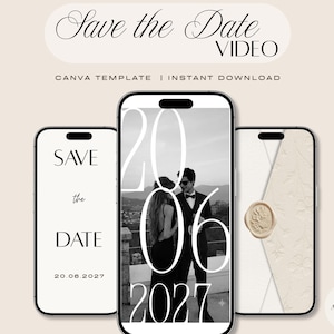 Puede incluir: Tres tel&eacute;fonos inteligentes que muestran una plantilla de video digital Save the Date. Las pantallas presentan texto minimalista, una fotograf&iacute;a en blanco y negro de una pareja y un sobre texturizado con un sello de cera. Dice Save the Date Video.