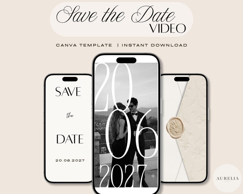 Puede incluir: Tres tel&eacute;fonos inteligentes que muestran una plantilla de video digital Save the Date. Las pantallas presentan texto minimalista, una fotograf&iacute;a en blanco y negro de una pareja y un sobre texturizado con un sello de cera. Dice Save the Date Video.