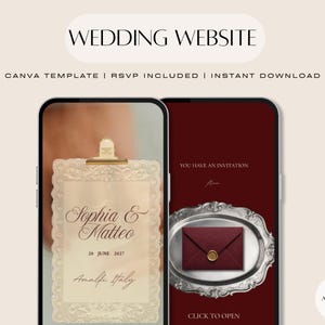 Può includere: Due smartphone che mostrano un modello di sito web per matrimoni. Lo schermo sinistro mostra un invito color crema con bordi in pizzo, i nomi Sophia & Matteo e la data 20 giugno 2027. Lo schermo destro presenta uno sfondo rosso scuro con una busta sigillata.