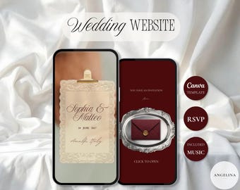 Burgundy Wedding Website Template Canva | Editable Digital Wedding Invitation | RSVP, Music & Countdown | Interactive Wedding Website