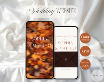 Autumn Wedding Website Template Canva | Orange and Brown | Editable Digital Wedding Invitation | RSVP, Music & Countdown