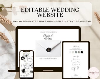 May include: An editable wedding website Canva template displayed on a laptop, tablet, and smartphone. The screen shows a white envelope with a black wax seal, the text Sophia & Matteo, and sections for dress code, timeline, and travel information.