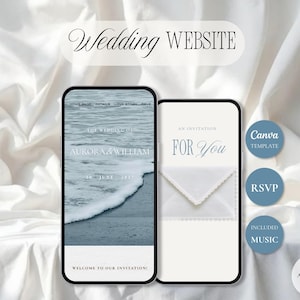 Modèle de site web pour mariage sur la plage (Canva) | Invitation de mariage numérique style bord de mer | RSVP, musique et compte à rebours | Site web de mariage modifiable