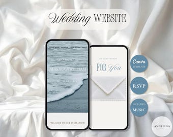 Plantilla de sitio web para bodas en la playa en Canva | Invitación de boda digital costera | Confirmación de asistencia, música y cuenta regresiva | Sitio web de boda editable