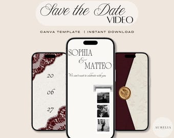 Puede incluir: Tres teléfonos inteligentes que muestran plantillas de video Save the Date. Las pantallas presentan una tipografía elegante, incluyendo los nombres Sophia y Matteo, una fecha y un gráfico de tira de fotos. Los diseños incluyen encaje burdeos.