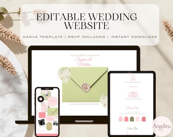 May include: An editable wedding website Canva template displayed on a laptop, tablet, and smartphone. The screen shows a light green envelope with a wax seal, floral accents, and the text Sealed with love from Sophia & Matteo.