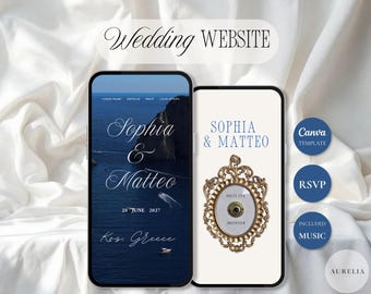 May include: Two smartphones displaying a wedding website template. The left screen shows a dark blue sea background with the text Sophia & Matteo, 20 June 2027, Kos, Greece. The right screen features a gold ornate frame with a button labeled Press for Invitation.
