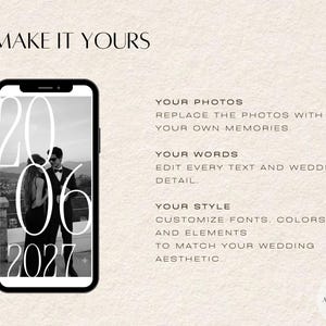 Puede incluir: Un tel&eacute;fono inteligente muestra una plantilla de invitaci&oacute;n de boda personalizable con una foto en blanco y negro de una pareja y la fecha 20 06 2027. El texto incluye MAKE IT YOURS, YOUR PHOTOS, YOUR WORDS, YOUR STYLE e instrucciones de edici&oacute;n.