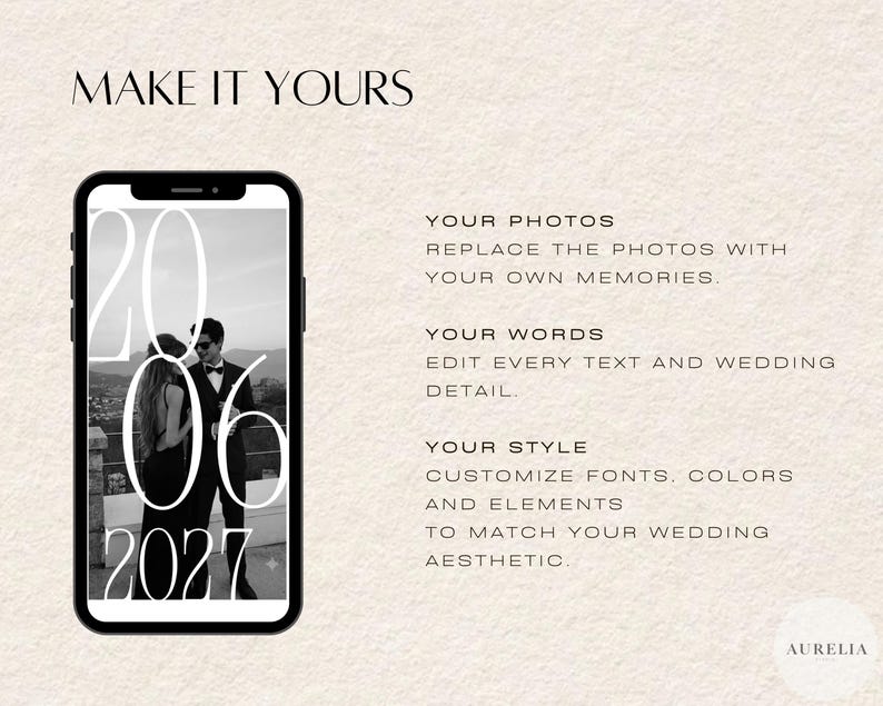 Puede incluir: Un tel&eacute;fono inteligente muestra una plantilla de invitaci&oacute;n de boda personalizable con una foto en blanco y negro de una pareja y la fecha 20 06 2027. El texto incluye MAKE IT YOURS, YOUR PHOTOS, YOUR WORDS, YOUR STYLE e instrucciones de edici&oacute;n.
