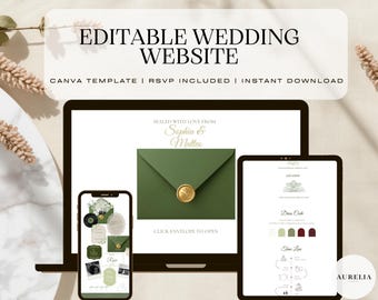 May include: An editable wedding website Canva template displayed on a laptop, tablet, and smartphone. The screens show a green envelope with a gold wax seal, the text "Sealed with love from Sophia & Matteo," and a wedding timeline with color palettes.