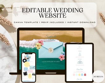 May include: An editable wedding website Canva template featuring a laptop, smartphone, and tablet displaying a beach-themed design with a light blue envelope, tropical flowers, and the text "EDITABLE WEDDING WEBSITE" and "CANVA TEMPLATE | RSVP INCLUDED | INSTANT DOWNLOAD".