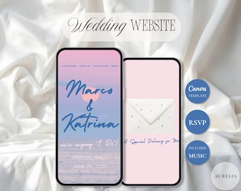 May include: Two smartphones displaying a wedding website template. The left screen shows a sunset ocean background with the text Marco & Katrina, we're saying I Do!, Firenze, Italy, June 20, 2027. The right screen shows a white envelope graphic.