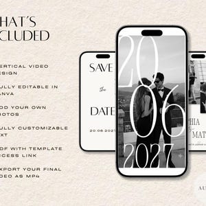 Puede incluir: Una plantilla digital para un video vertical de anuncio de fecha, con tres pantallas de tel&eacute;fono inteligente que muestran dise&ntilde;os personalizables en blanco y negro con tipograf&iacute;a elegante, espacios para fotos y el texto WHAT'S INCLUDED.