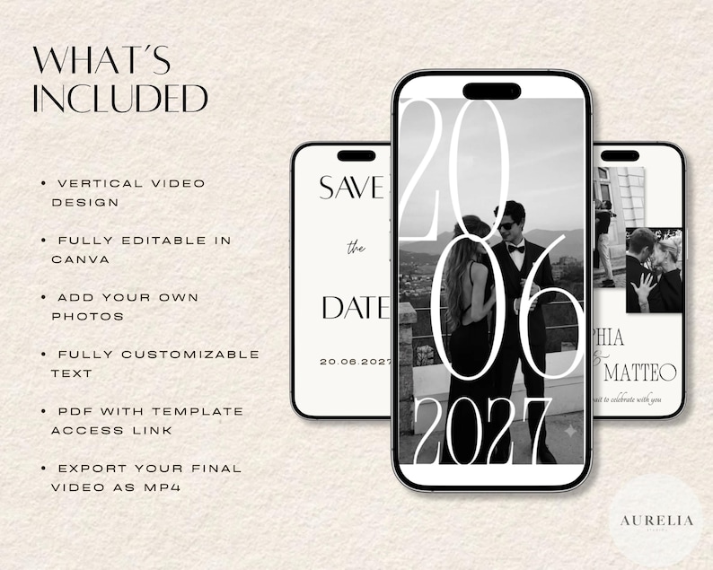 Puede incluir: Una plantilla digital para un video vertical de anuncio de fecha, con tres pantallas de tel&eacute;fono inteligente que muestran dise&ntilde;os personalizables en blanco y negro con tipograf&iacute;a elegante, espacios para fotos y el texto WHAT'S INCLUDED.