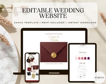 May include: An editable wedding website Canva template displayed on a laptop, tablet, and smartphone. The screens show a burgundy envelope with a gold wax seal, the text Sophia & Matteo, a dress code color palette, and a wedding timeline graphic.
