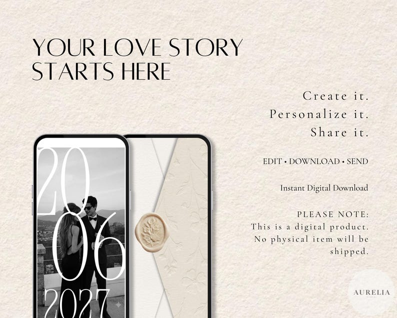 Puede incluir: Dos tel&eacute;fonos inteligentes muestran plantillas digitales de invitaci&oacute;n de boda. Una pantalla muestra una foto en blanco y negro de una pareja con la fecha 20 06 2027. La otra muestra un sobre color crema con un sello de cera. Texto: YOUR LOVE STORY STARTS HERE.