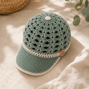 May include: A sage green crochet baseball cap featuring an intricate openwork floral pattern across the crown, a solid green brim, a cream-colored band with a geometric stitch, a small cream button at the top, and a round wooden side accent.