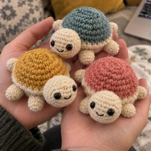 Op de afbeelding: Drie kleine gehaakte schildpadjes met crèmekleurige koppen en ledematen. Elke schildpad heeft een rond, getextureerd schild in een andere effen kleur: één in gedempt blauwgroen, één in mosterdgeel en één in oudroze, allemaal met zwarte kraaloogjes.