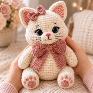 May include: A cream-colored crocheted cat plush toy featuring a large dusty rose bow around its neck and a smaller matching bow on its ear. The cat has large blue eyes with long eyelashes, a small pink nose, embroidered whiskers, and pink paw pads.