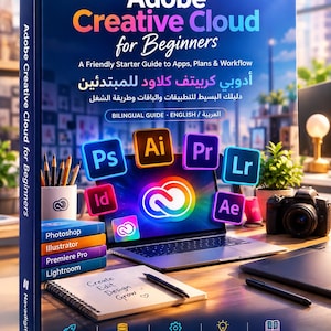 May include: A blue instructional book titled Adobe Creative Cloud for Beginners, A Friendly Starter Guide to Apps, Plans & Workflow. The cover features colorful Adobe software icons, a laptop, a notebook with handwritten text, and the Navadigitalco logo.