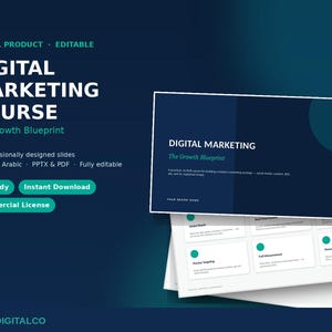 Peut inclure: Un modèle de présentation de cours de marketing numérique comprenant 22 diapositives modifiables en anglais et en arabe. Le design bleu foncé et sarcelle inclut le texte Digital Marketing The Growth Blueprint, AI-Ready et Commercial License.