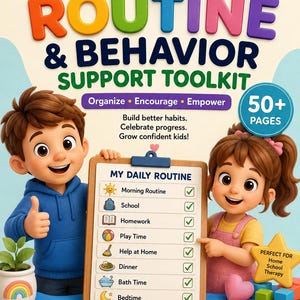 Peut inclure: Un ensemble PDF imprimable intitulé Kids Daily Routine & Behavior Support Toolkit montrant un garçon et une fille de dessin animé tenant un presse-papier avec une liste de tâches. Le document contient 50+ pages de routines, cartes visuelles, suivis de comportement, tableaux de récompenses et outils émotionnels aux formats A4, US Letter et A5.