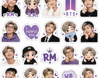 May include: A collection of die-cut stickers featuring RM from BTS in various poses, including photographic portraits and chibi-style illustrations. The set includes purple heart icons, the BTS logo, and text elements reading RM, I PURPLE YOU, and 남준.