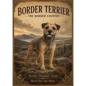 Inramad affisch med vintagemotiv från Border Terrier, hundväggkonst, present till hundälskare DIN A3 A2 A1
