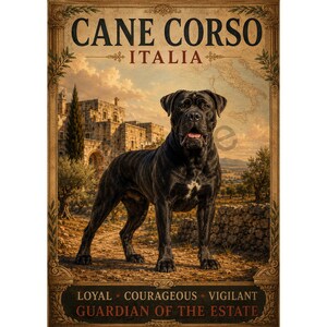 Könnte beinhalten: Ein Poster im Vintage-Stil mit einem schwarzen Cane Corso Hund, der in einer ländlichen italienischen Landschaft mit Steingebäuden steht. Der Text lautet oben CANE CORSO ITALIA und unten LOYAL COURAGEOUS VIGILANT GUARDIAN OF THE ESTATE.