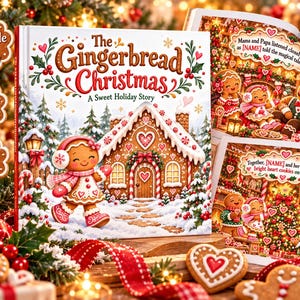 Peut inclure: Un livre pour enfants intitulé The Gingerbread Christmas A Sweet Holiday Story représentant un personnage en pain d'épice dans un paysage enneigé avec une maison en pain d'épice. Le livre fait 20x20 cm, compte 31 pages et est en PDF.