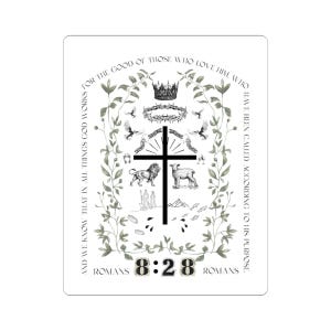 Romans 8:28 Cross Illustration Sticker | Religious Scripture Bible Verse Kiss-Cut Sticker