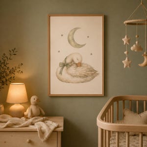 Quadro para quarto de bebê com ganso dormindo, aquarela com lua e estrelas (download digital)