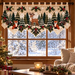 Christmas Crochet Curtain Pattern PDF, Woodland Reindeer and Fox Window Valance