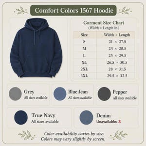 May include: A navy blue hooded sweatshirt with a front kangaroo pocket and matching drawstrings. The image includes a size chart with width and length measurements in inches, and a list of available colors including Grey, Blue Jean, Pepper, True Navy, and Denim.