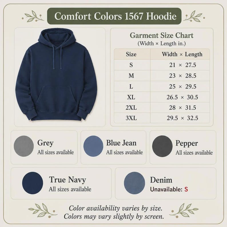 May include: A navy blue hooded sweatshirt with a front kangaroo pocket and matching drawstrings. The image includes a size chart with width and length measurements in inches, and a list of available colors including Grey, Blue Jean, Pepper, True Navy, and Denim.