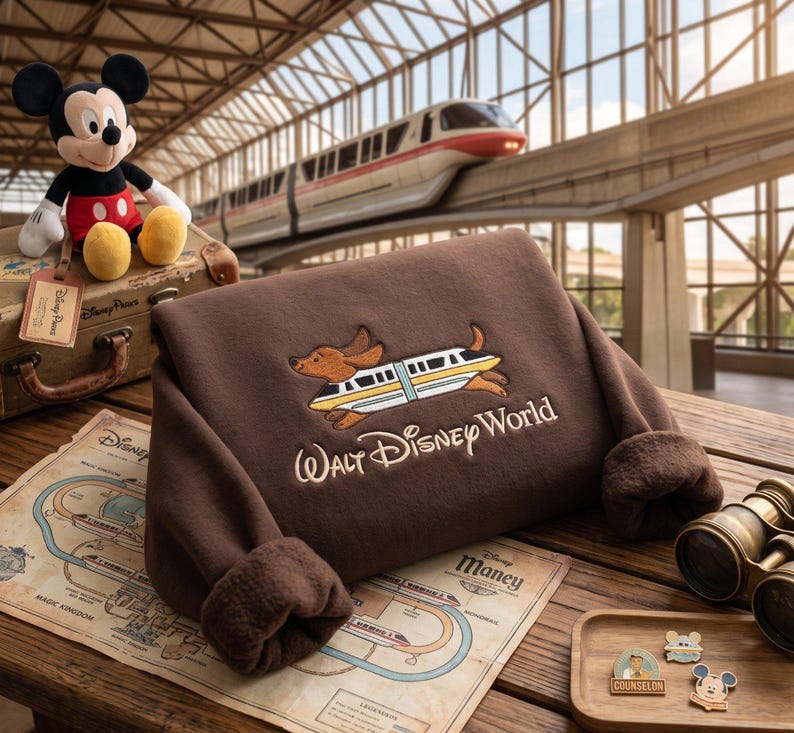May include: A brown long-sleeve sweatshirt featuring an embroidered graphic of a dachshund riding a monorail train above the text Walt Disney World. The sweatshirt has a soft, plush interior lining and folded cuffs, showcasing a detailed design.
