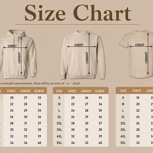 May include: A beige size chart graphic featuring a hoodie, a sweatshirt, and a t-shirt with corresponding measurement tables for sizes S through 5XL. The text includes 'Size Chart', 'Chest', 'Lenght', 'Sleeve', and a note about a +/- 1 inch error.
